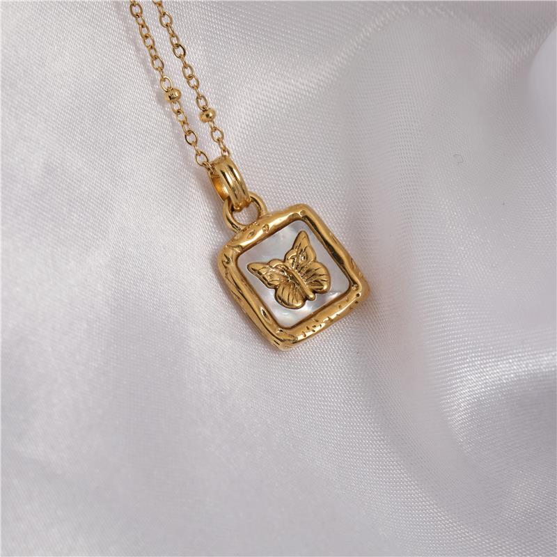 18K Gold Plated Vintage Dainty Square Natural Shell Butterfly Pendant Necklace Love Gift for Women/Girls