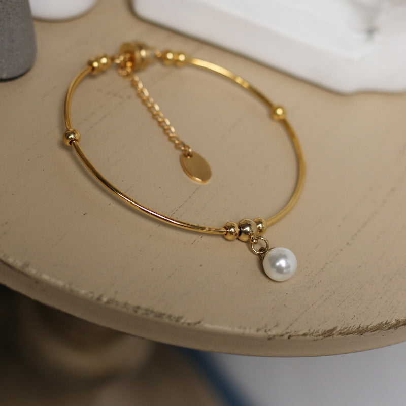 Premium Quality Stainless Steel 18K Gold Plated Hawaiian Single Pearl Charm Bangle Bracelet