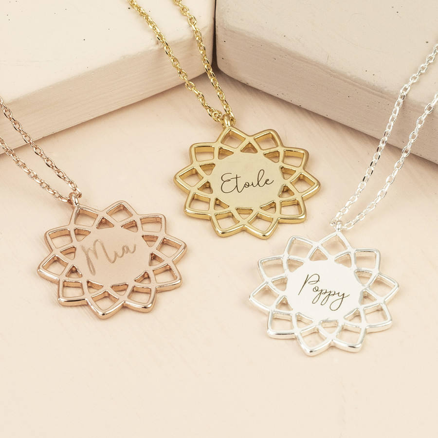 Gold Plated Personalized Shiny Mandala Pendant Necklace with Engraved Names