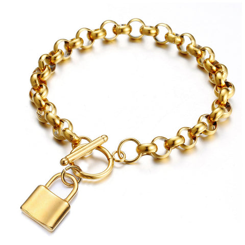 Minimalist 18K Gold Plated Stainless Steel Lock Charm Adjustable Link Chain Bracelet For Women