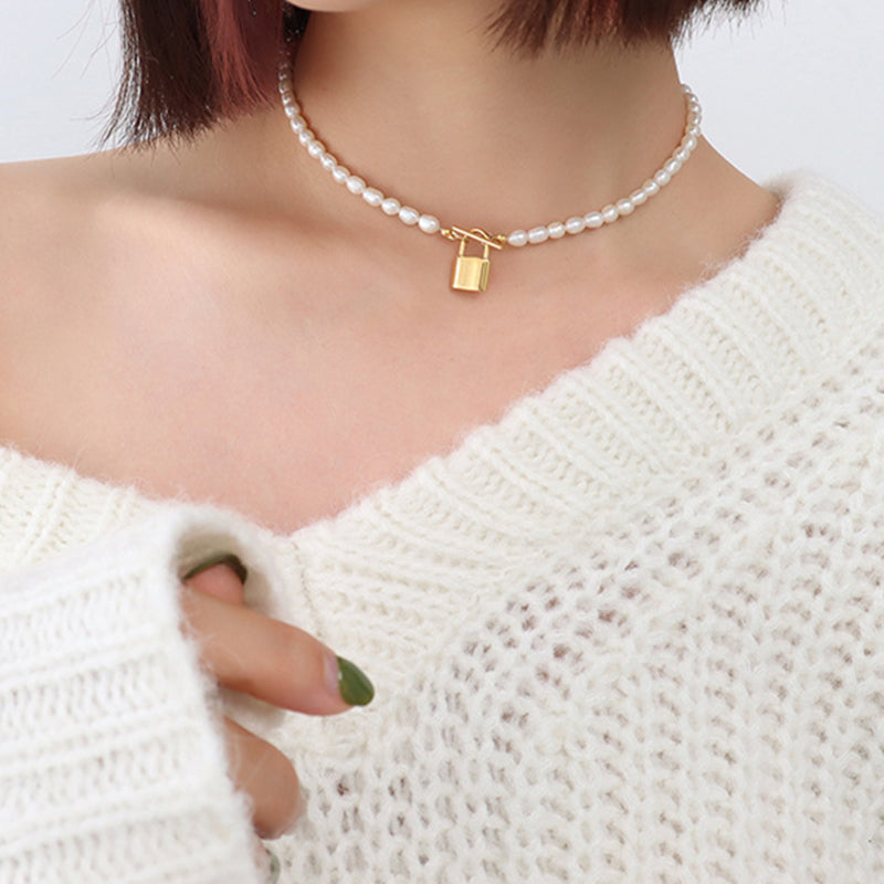 Women's Jewelry 18K Gold Plated Stainless Steel Locket Padlock Pendant Fresh water Pearl Choker
