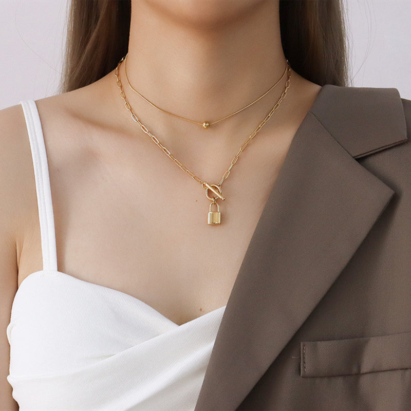 Double Layer 18k Gold Plated Stainless Steel Snake Chain Link Lock Pendant Necklace for Women