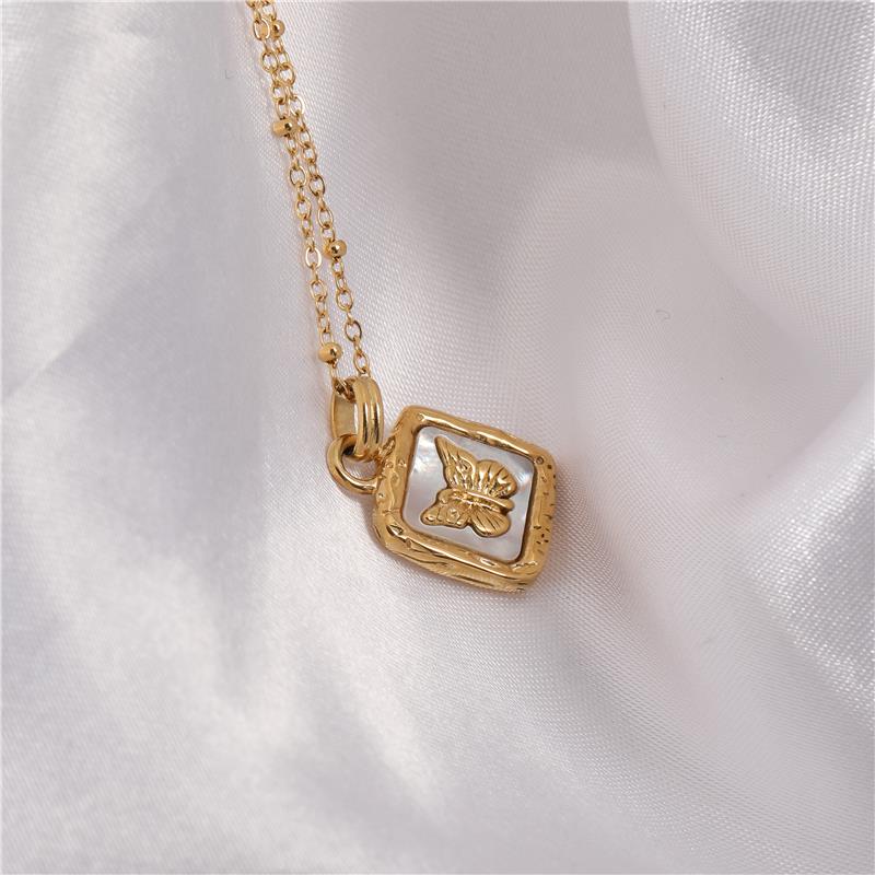18K Gold Plated Vintage Dainty Square Natural Shell Butterfly Pendant Necklace Love Gift for Women/Girls