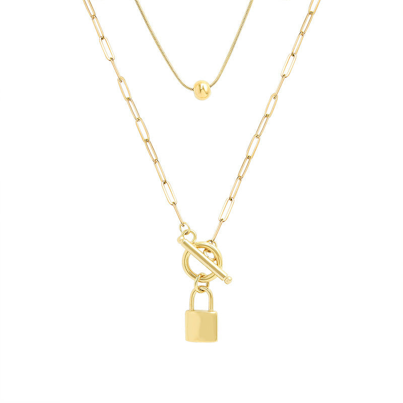 Double Layer 18k Gold Plated Stainless Steel Snake Chain Link Lock Pendant Necklace for Women