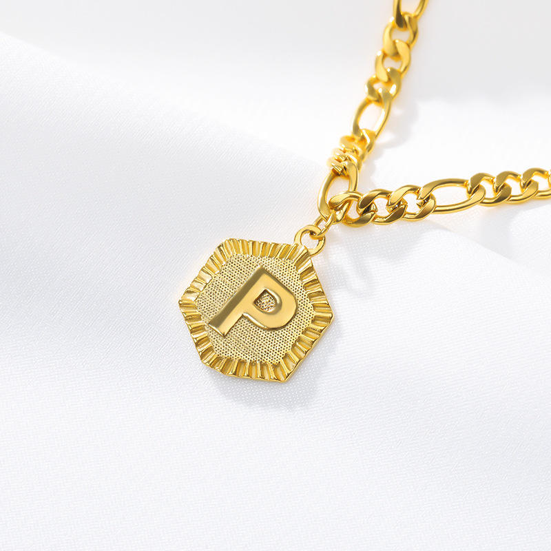 Hexagon Letter 18K Gold Plated Waterproof Stainless Steel Figaro Chain Anklets