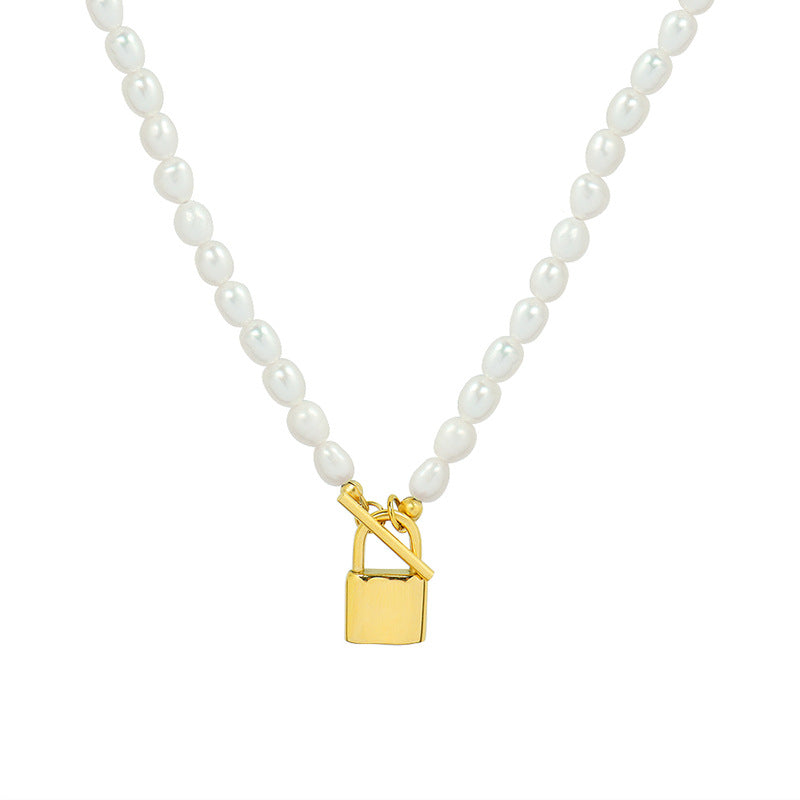 Women's Jewelry 18K Gold Plated Stainless Steel Locket Padlock Pendant Fresh water Pearl Choker Necklace.