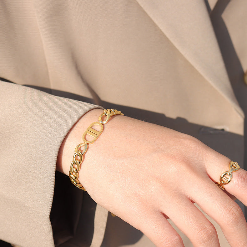 Figaro Chain 18K Gold Plated Stainless Steel Trendy Geometric Pendant Bracelet For Women