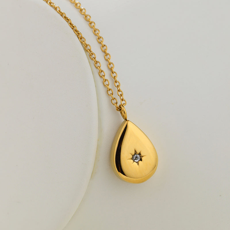 Water Drop Shape 18k Gold Plated Charm Pendant Stainless Steel North Star Necklace for Women