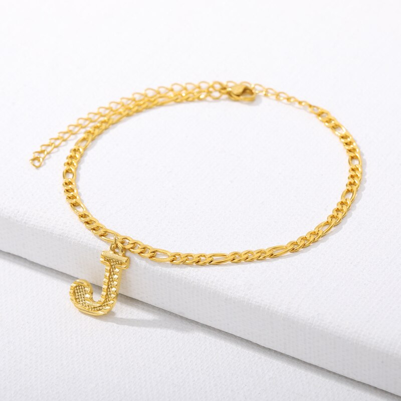 Figaro Cuban Link Chain 18K Gold Plated Waterproof Stainless Steel Anklets A-Z 26 Initial Letter