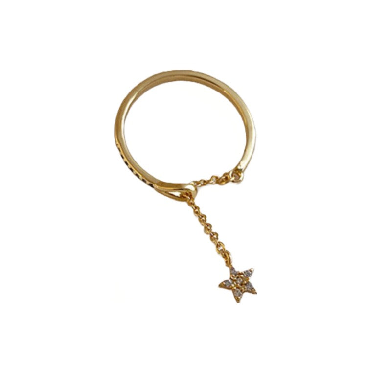 Premium Quality 18k Gold Plated Minimalist CZ Zircon Star Tassel Adjustable Ring For Women
