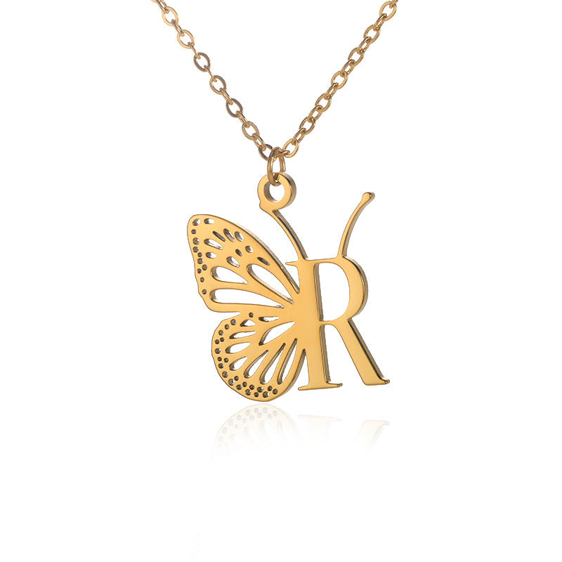Premium Quality Gold Plated Butterfly Pattern Letter Necklace personalized pendant chain
