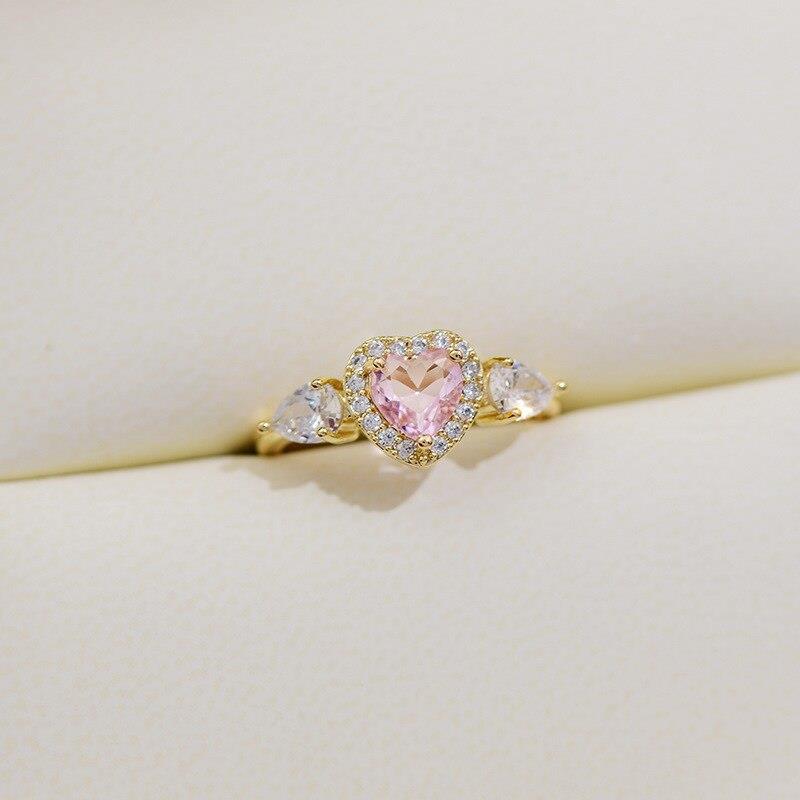 Premium Quality Pink Heart Zircon Diamond Stainless Steel Ring For Women