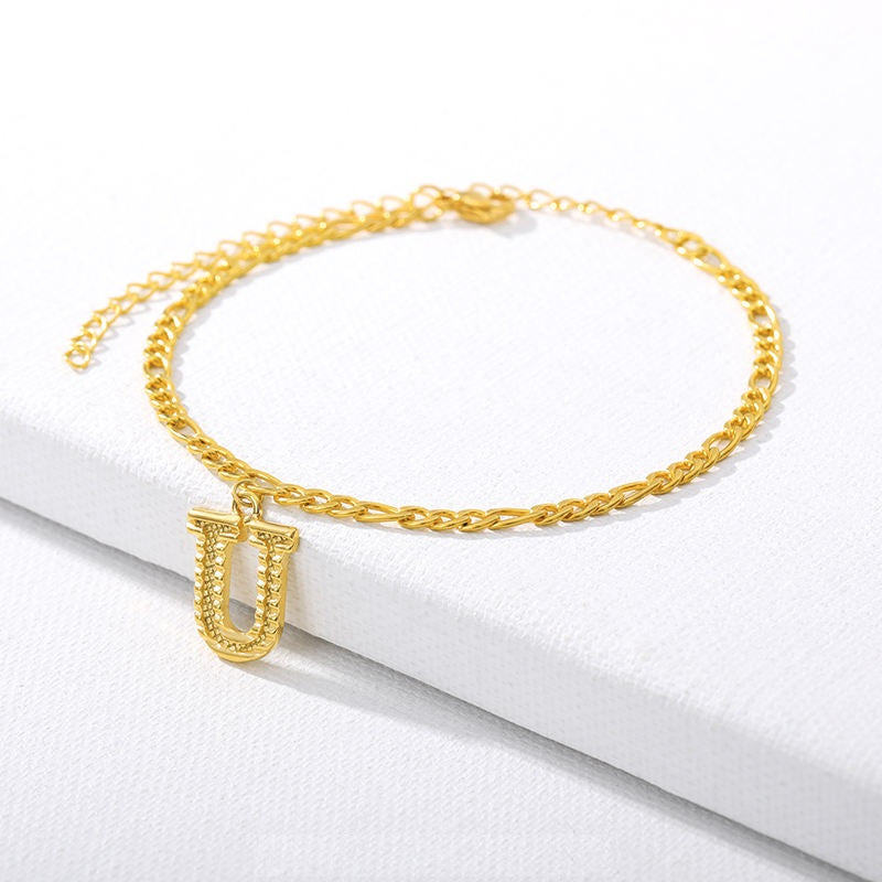 Figaro Cuban Link Chain 18K Gold Plated Waterproof Stainless Steel Anklets A-Z 26 Initial Letter