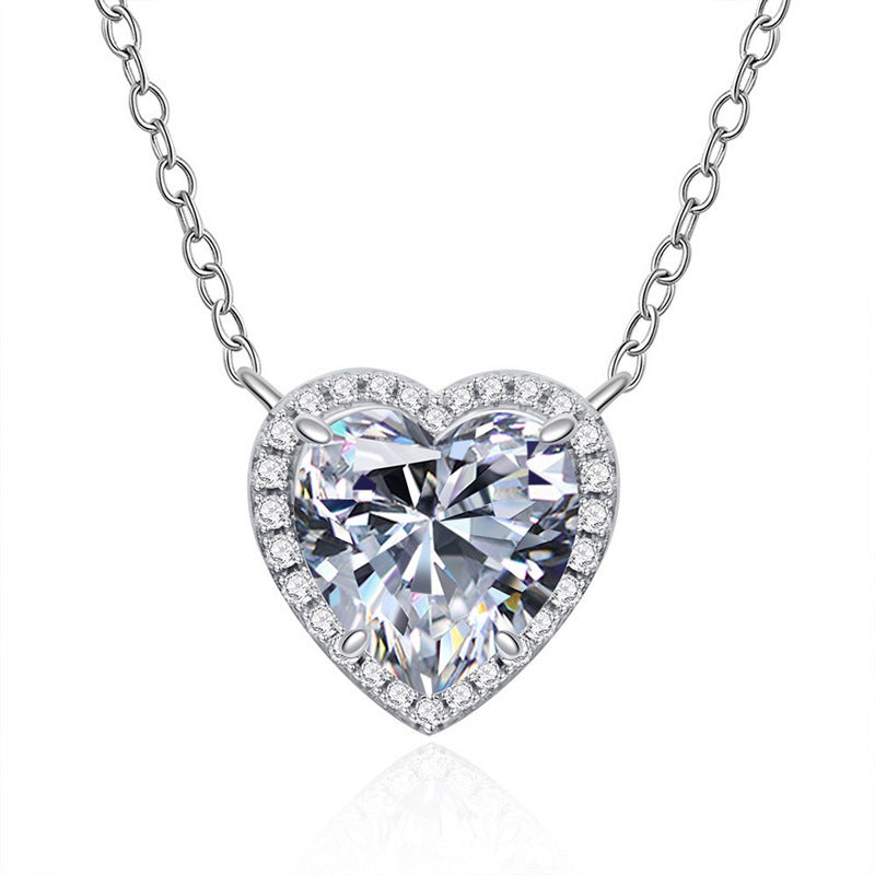 Korean Style Bling White Diamond Rhinestone Crystal Heart Pendant Necklace for Women