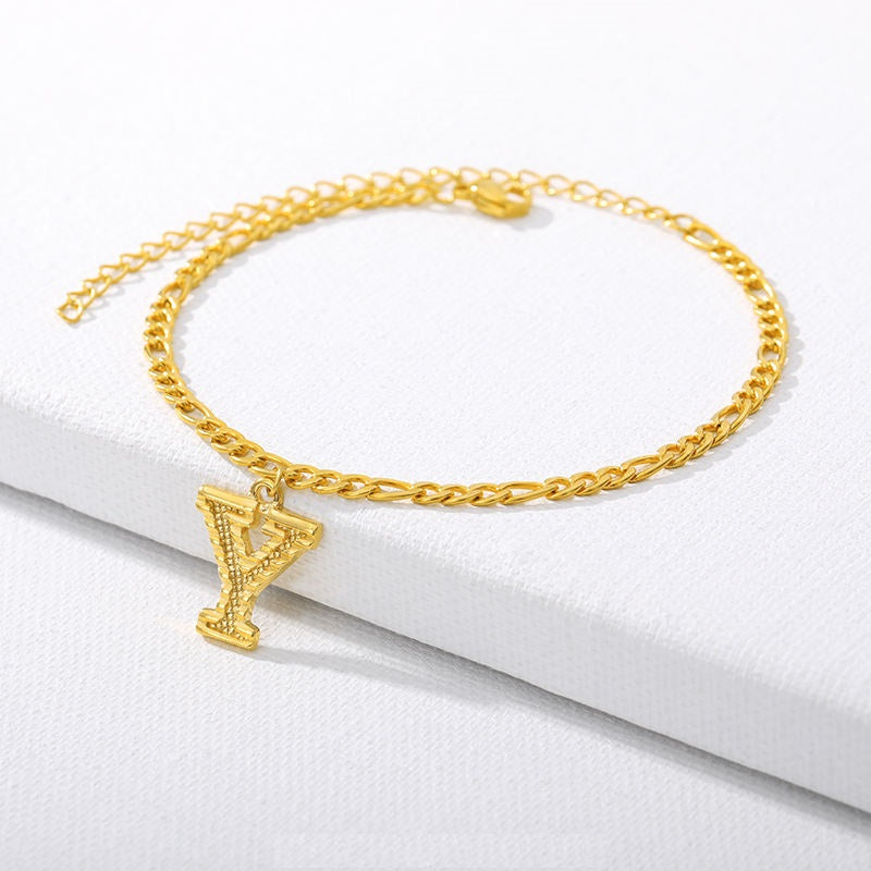 Figaro Cuban Link Chain 18K Gold Plated Waterproof Stainless Steel Anklets A-Z 26 Initial Letter