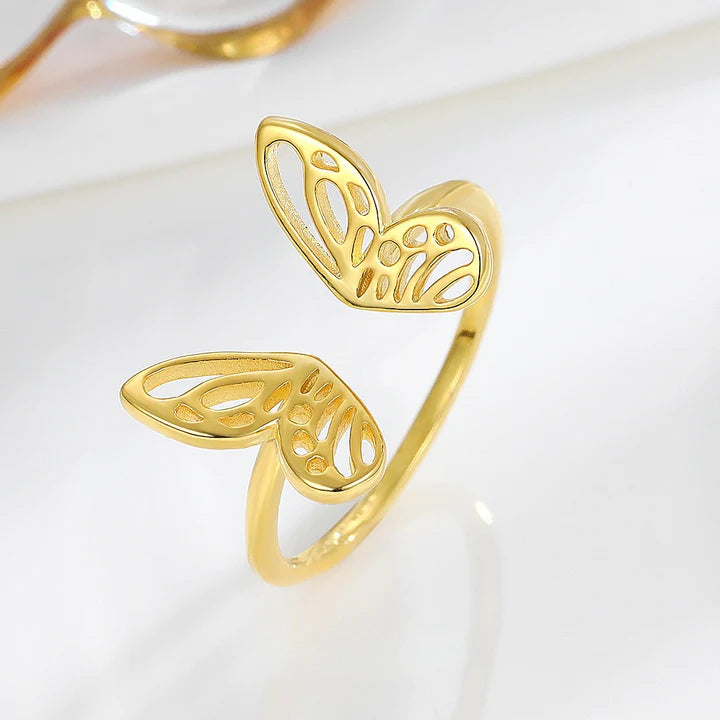 Fashion Open Butterfly Design Finger Ring 18K Gold Plated Stainless Steel Ring for Women