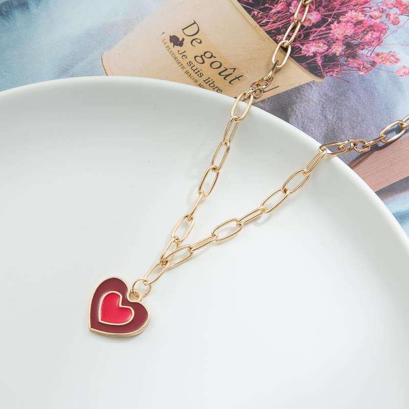 Colorful Double Love Heart Pendant Necklace Heart Collar Fashion Thick Chain Candy Color  Necklace Jewelry Gift for Women