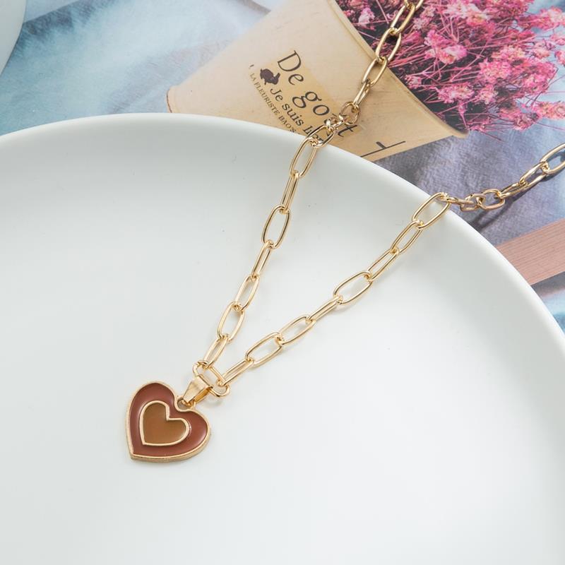 Colorful Double Love Heart Pendant Necklace Heart Collar Fashion Thick Chain Candy Color  Necklace Jewelry Gift for Women