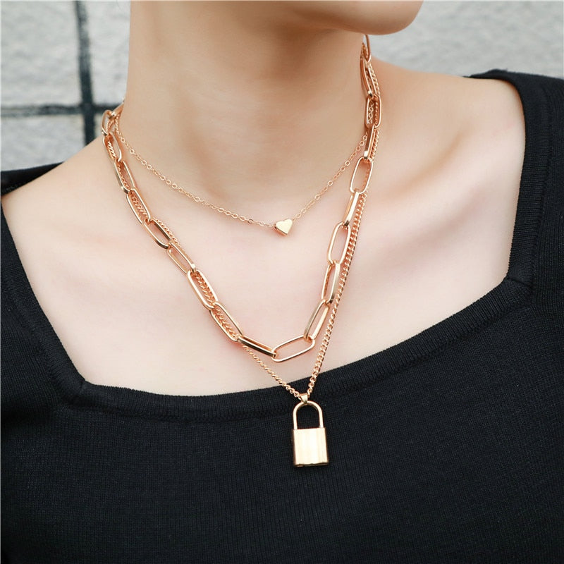 Bold & Exaggerated Thick Chain Hip-Hop Retro Multi-layer Geometric Lock-Shaped Love Necklace for Women