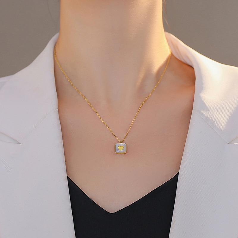 High quality Stainless Steel Square shell Inlaid Love Heart Pendant Clavicle Fashion Necklace for Women Jewelry gift