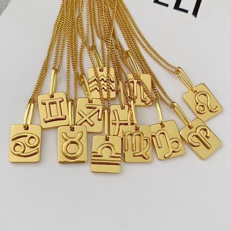 18k Gold Plated Stainless Steel Zodiac Symbol Pendant Necklace-Unisex