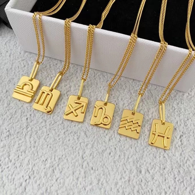18k Gold Plated Stainless Steel Zodiac Symbol Pendant Necklace-Unisex