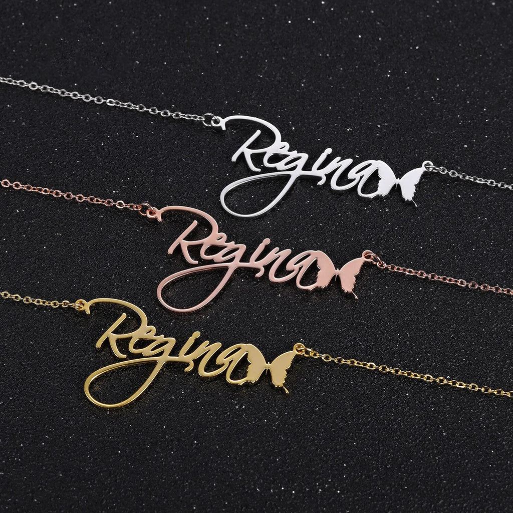 Premium Quality Gold Plated Butterfly pattern Name Necklace