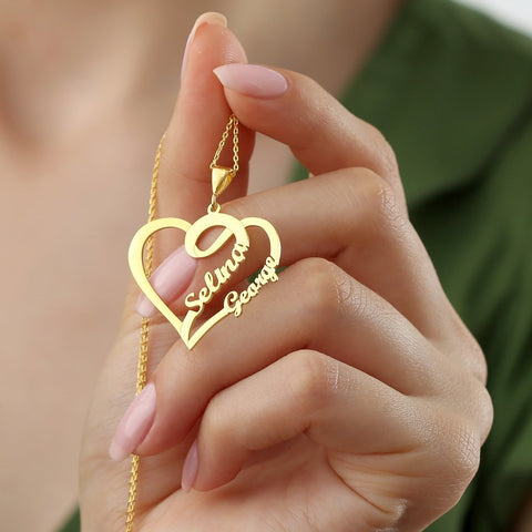 Premium Quality Gold Plated Heart Shape Couple Name Necklace personalized pendant chain