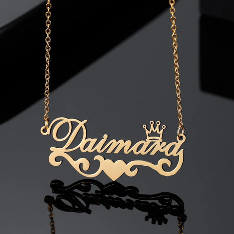 Premium Quality Gold Plated Queen & Heart Pattern Name Necklace