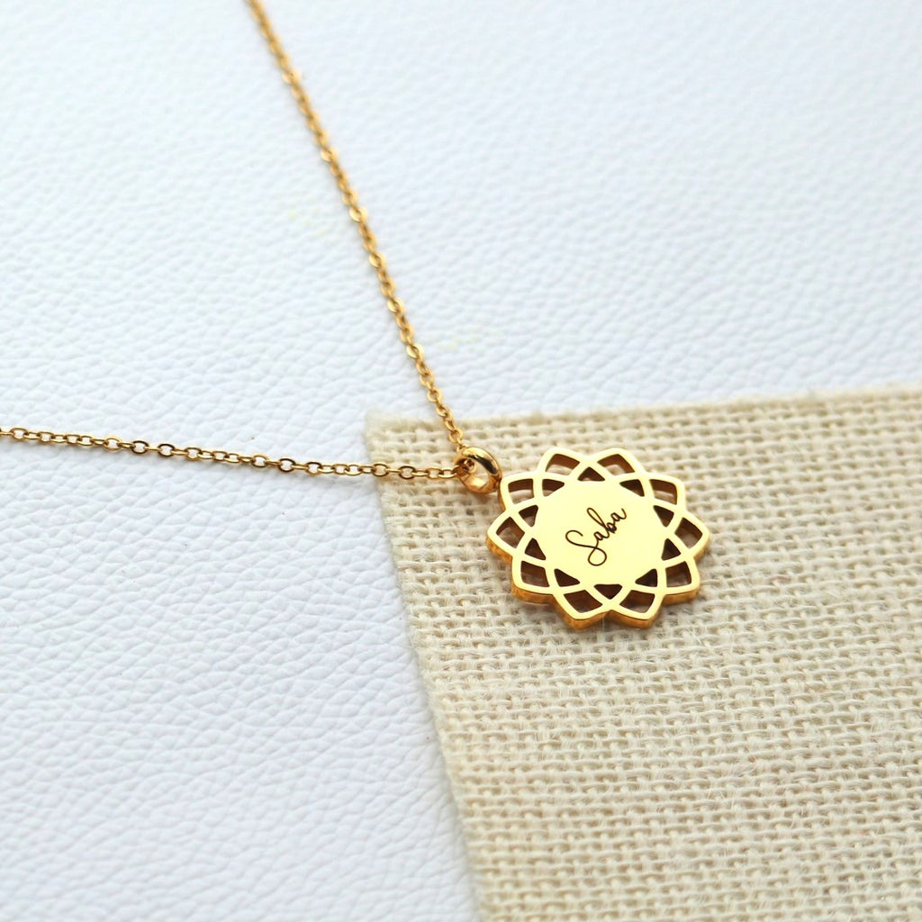 Gold Plated Personalized Shiny Mandala Pendant Necklace with Engraved Names