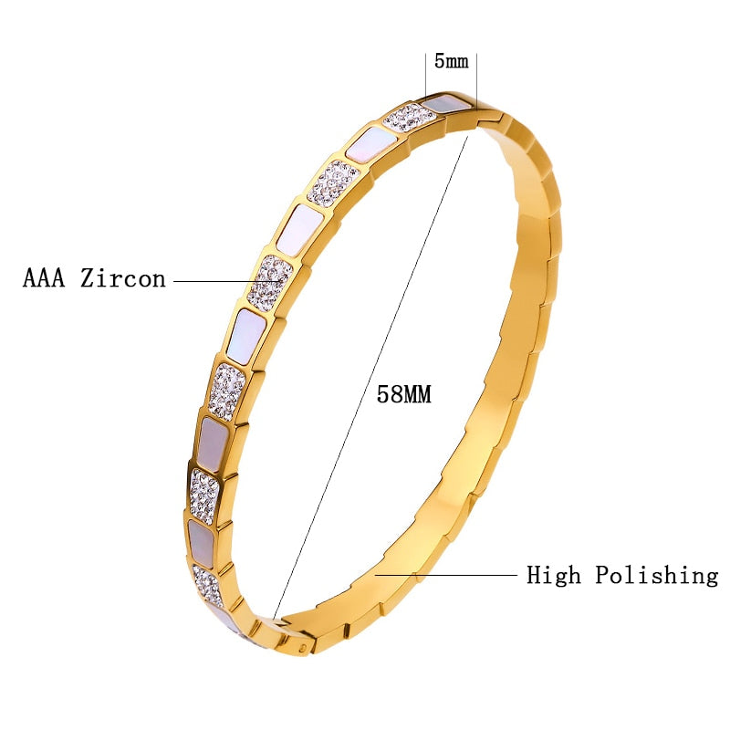 Excellent Quality Stainless Steel CZ Crystals With White Shell Bracelets For Women Men Luxury Trendy Snake Bangle Jewelry Gift