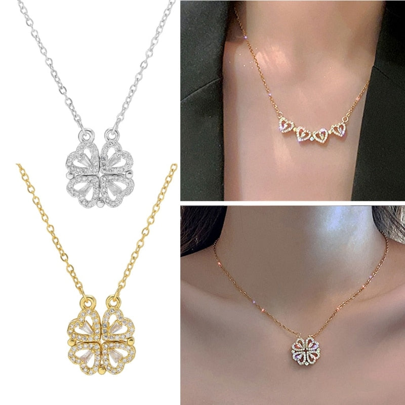 Four Hearts Leaf Clover Necklace Retro Magnetic Folding Heart Shaped Pendant Chain For Women