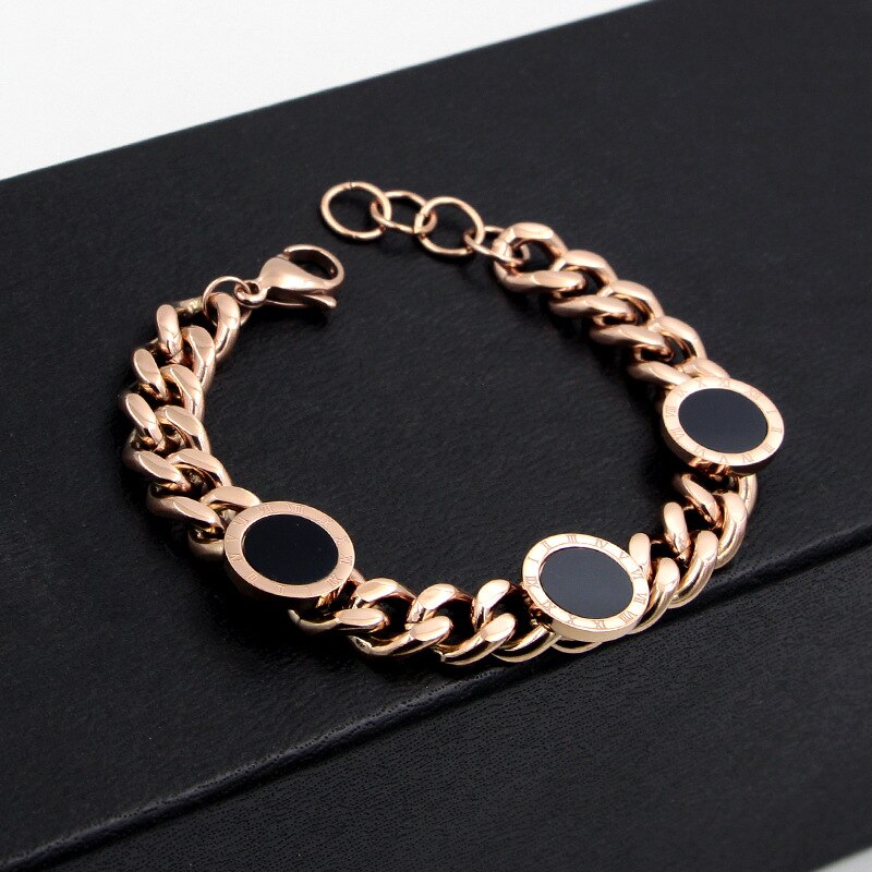 Premium Quality Fashion Better Black Shell Roman Numerals Round Chain Bracelet Bangle Stainless Steel Rose Gold Color for Woman Party Wear