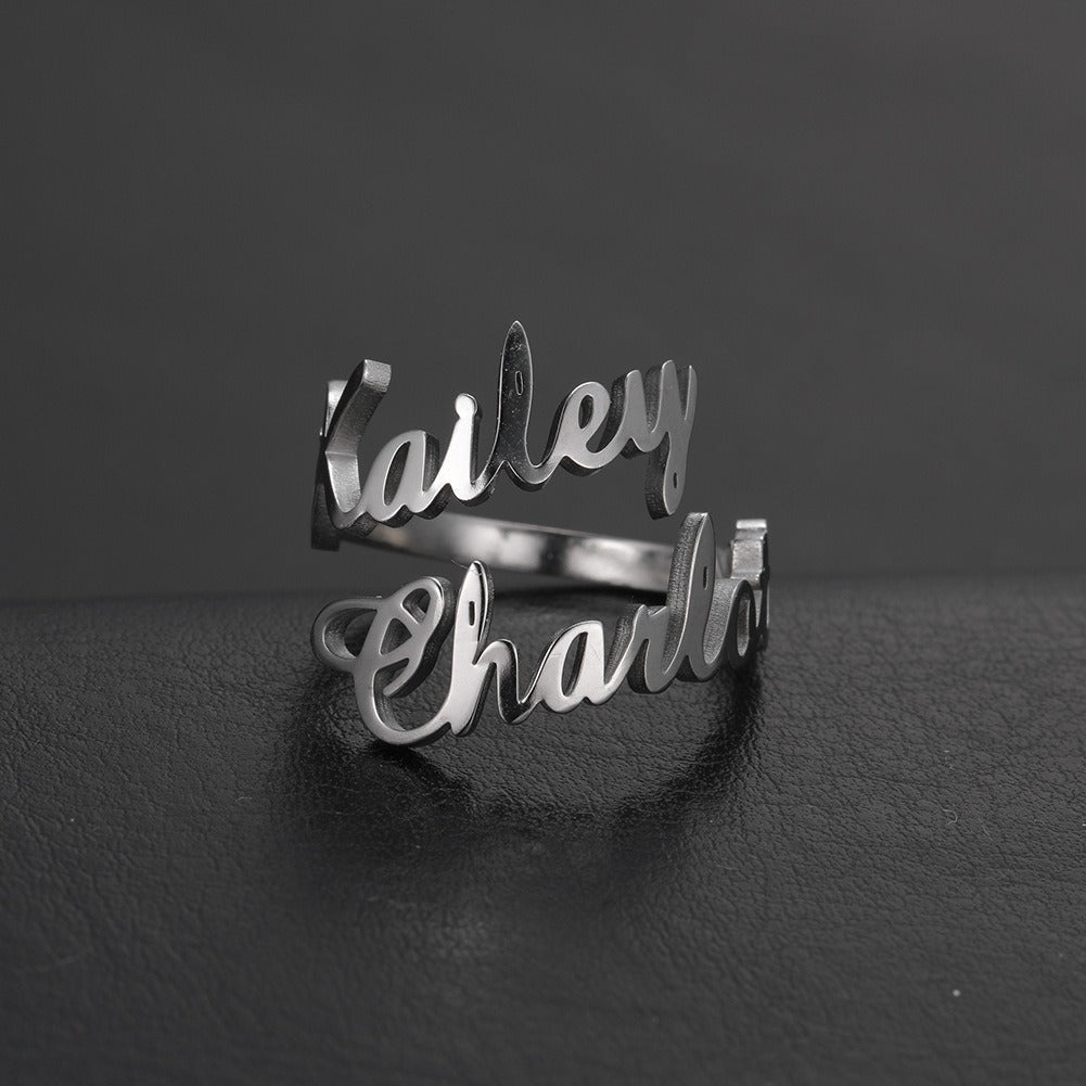 Gold Plated Double Name Design Custom Name Ring for Women